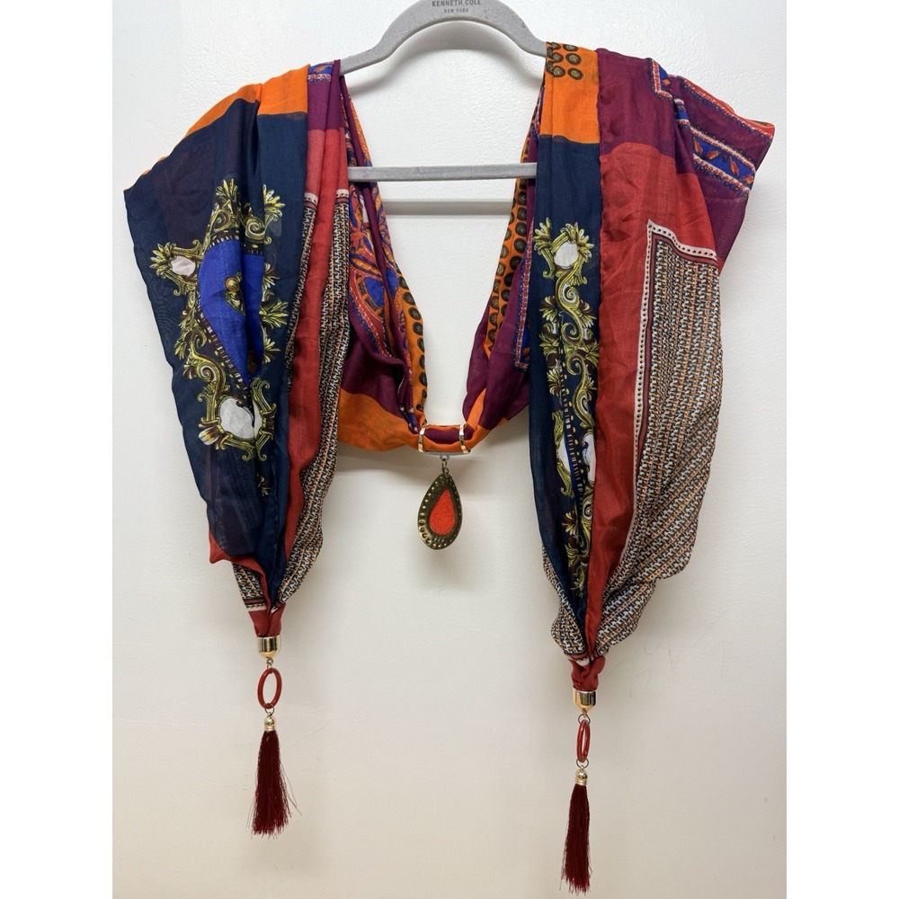 Women's Boho Scarf Necklace Orange Purple Jeweled Pendant Tassel Statement #64 - Picture 1 of 8
